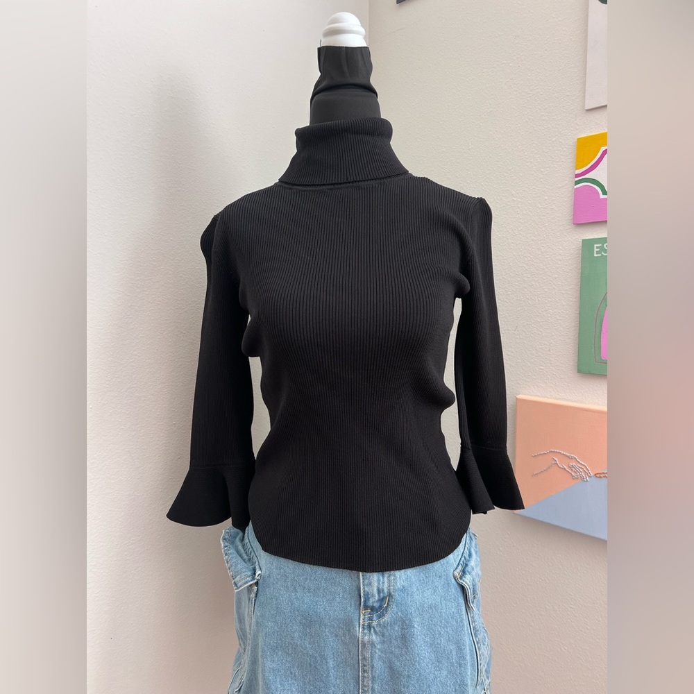 Allegra K Black Ribbed Turtleneck Sweater Top